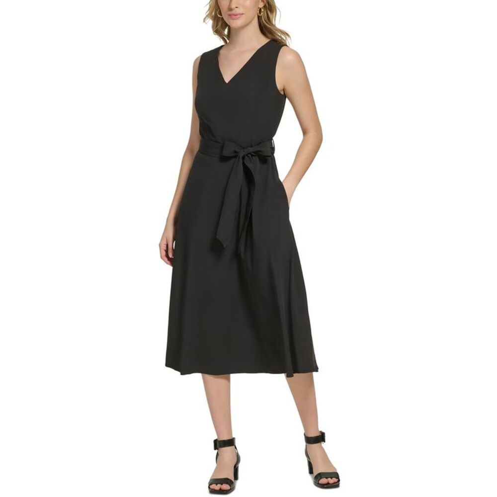 Calvin Klein Black V-Neck Midi Dress with Waist Tie